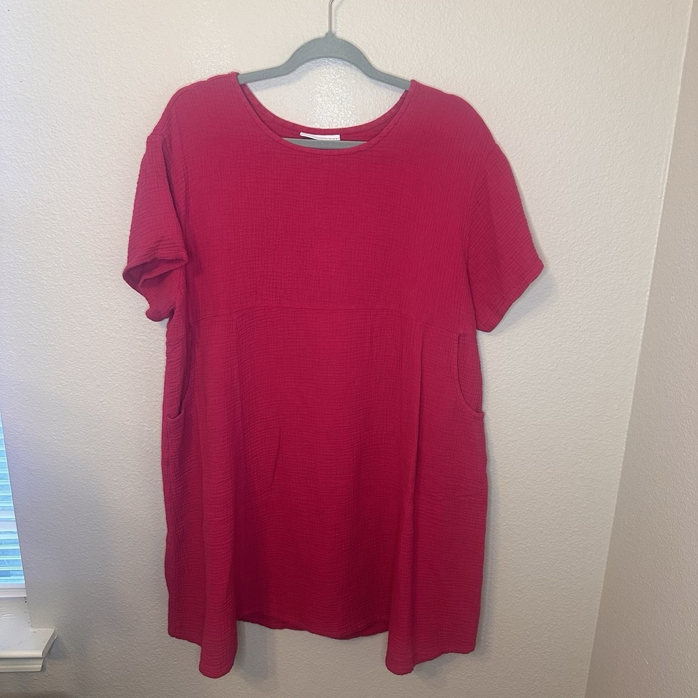 Bryn Walker Hot Pink‎ Cotton Gauze Short Dress M Tunic Lagenlook Artsy Resort